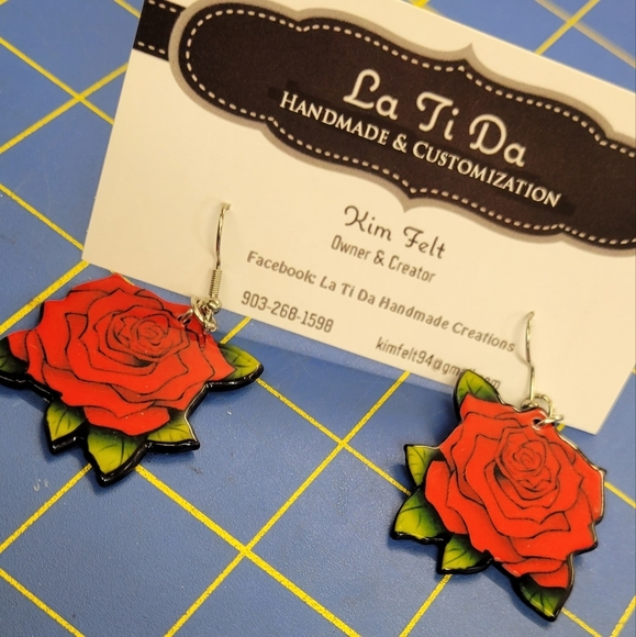 Rose 1.25" Dangle Earrings - Emo Punk Goth - Picture 1 of 2